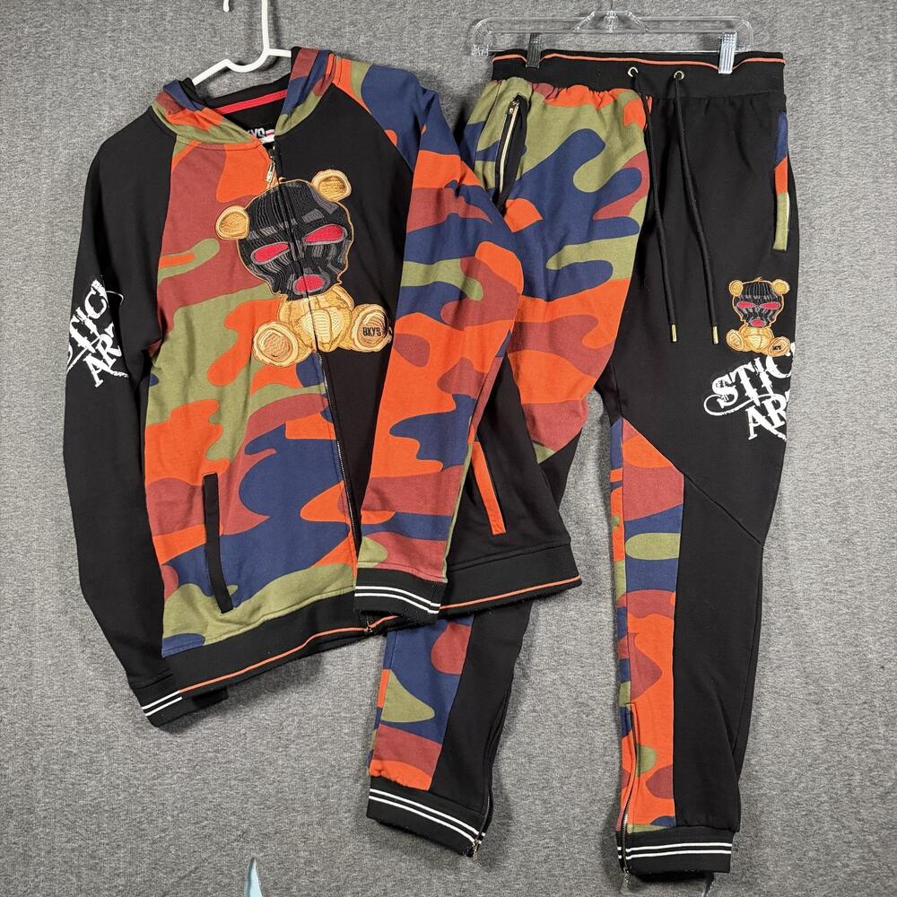 BKYS Stick Up Artist Mens L Camo Bear Hoodie Jogger Tracksuit Set Black Keys Y2K